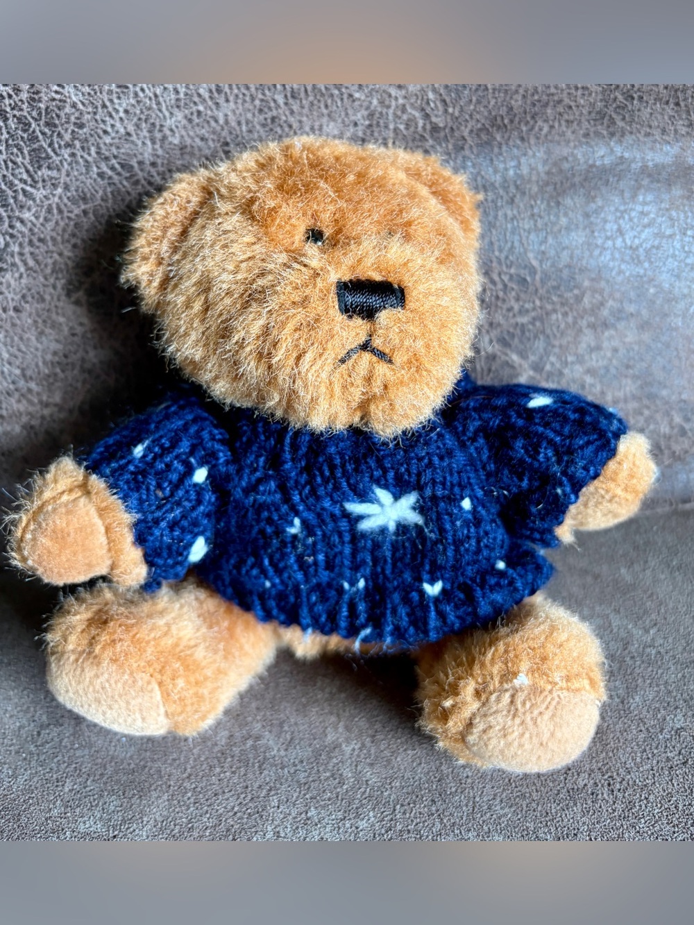 6” Small Vintage 90s  HugFun International brown plush teddy bear Winter Sweater
